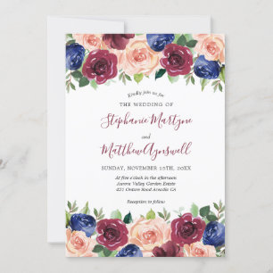 Convites Casamento Floral de Aquarela com Marinho Blush Bur