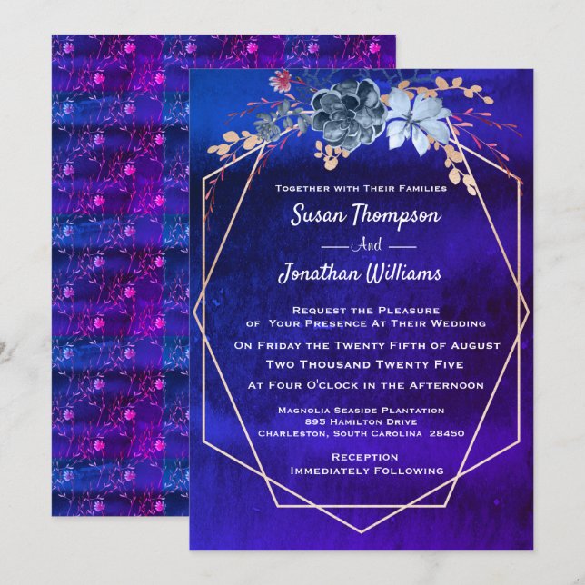 Convites Casamento Floral de Aquarela com Marinho Geométric (Frente/Verso)
