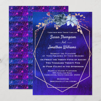 Convites Casamento Floral de Aquarela com Marinho Geométric