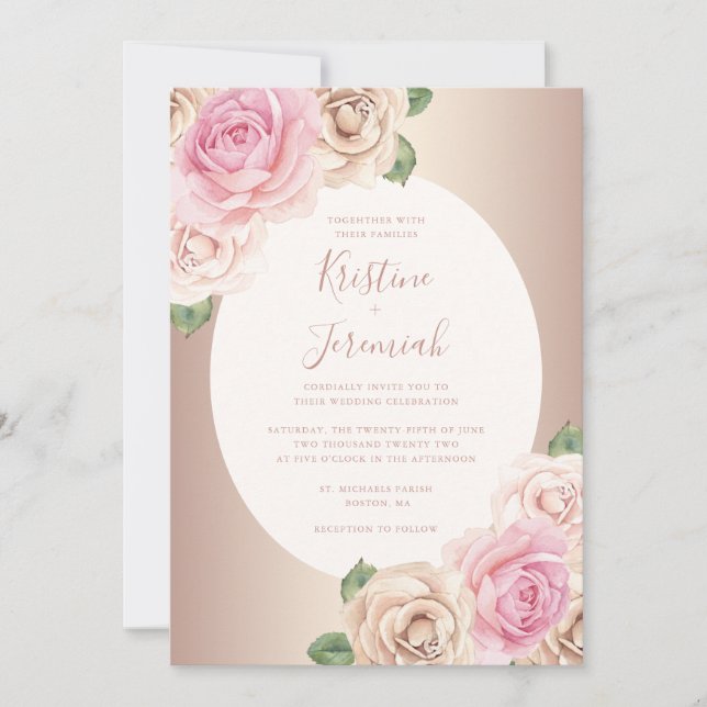 Convites Casamento Floral de Aquarela com Script Dourado Ch (Frente)