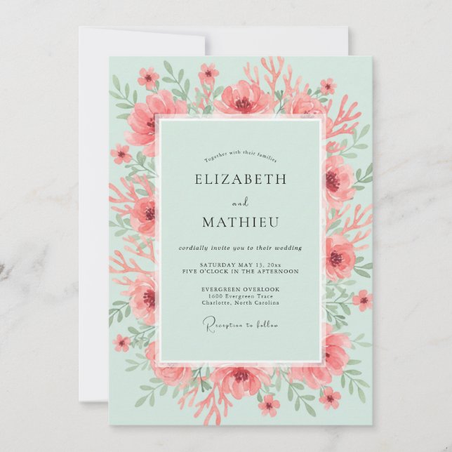 Convites Casamento Floral de Aquarela Coral Mint (Frente)