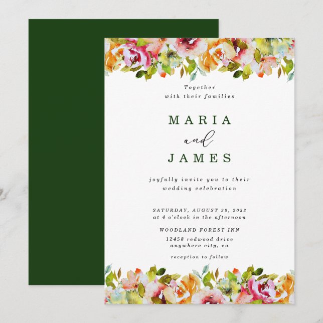 Convites Casamento Floral de Aquarela de Jardim de Verão (Frente/Verso)