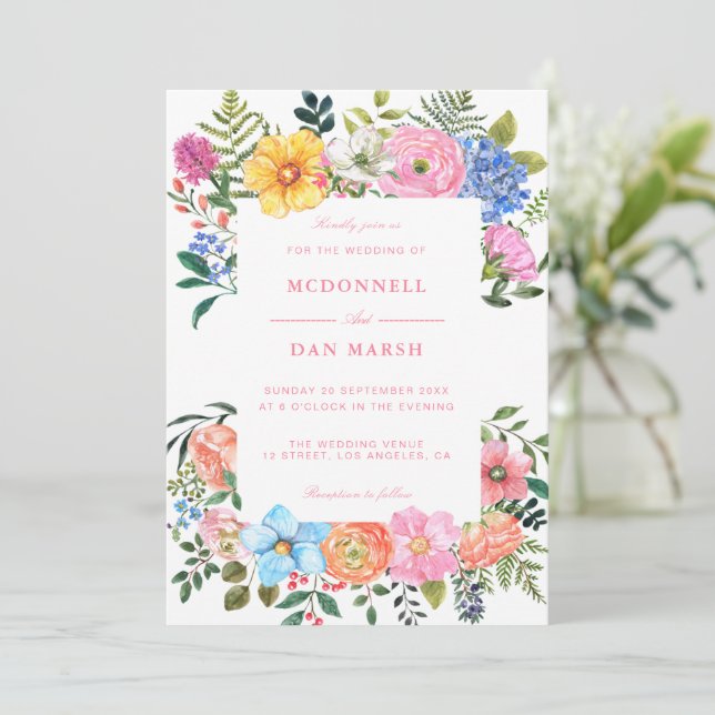 Convites Casamento Floral de Aquarela de Jardim de Verão (Em pé/Frente)