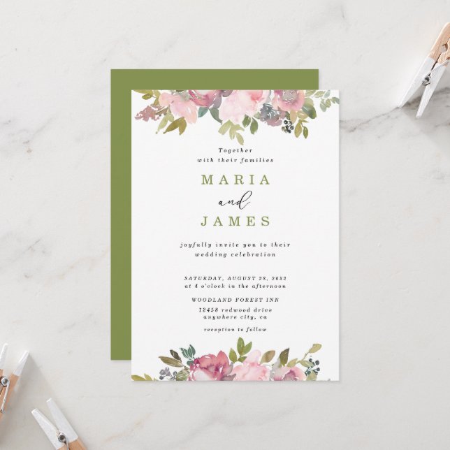 Convites Casamento Floral de Aquarela de Jardim de Verão (Frente/Verso In Situ)