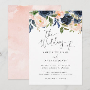 Convites Casamento Floral de Aquarela do Marinho de Blush M
