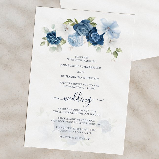 Convites Casamento Floral de Aquarela Elegante (Floral Dusty Blue Bloom Script Wedding Invitation)