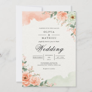 Convites Casamento Floral de Aquarela em Bege Rosado