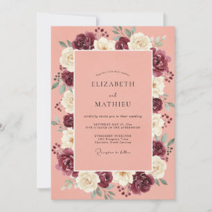 Convites Casamento Floral de Aquarela em Borgonha Pêssego