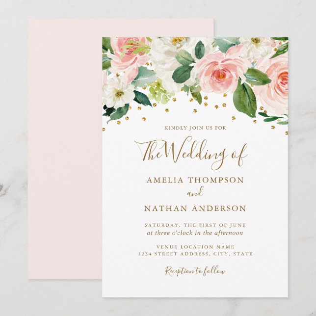 Convites Casamento Floral de Aquarela em Ouro Rosa (Frente/Verso)
