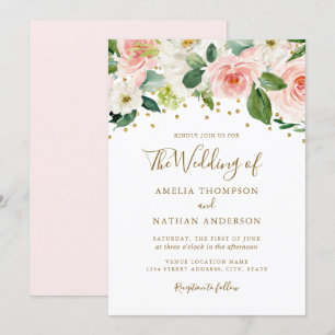 Convites Casamento Floral de Aquarela em Ouro Rosa