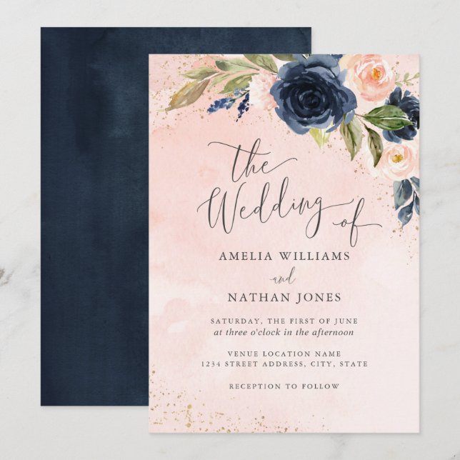 Convites Casamento Floral de Aquarela em Tons de Bege e Dou (Frente/Verso)