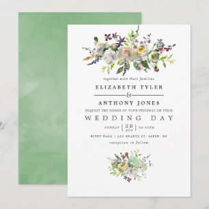 Convites Casamento Floral de Aquarela em Verde Sage e Branc