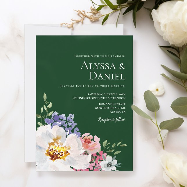 Convites Casamento Floral de Aquarela Emerald Green Bold (trendy emerald green, vibrant, bold floral blooms wedding invitation template.)