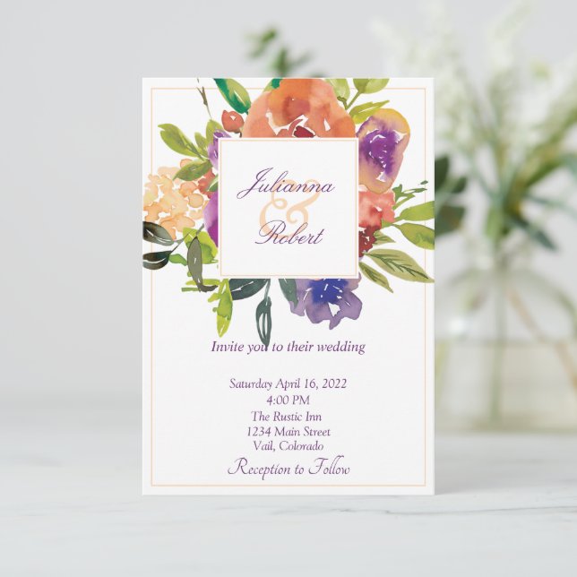 Convites Casamento floral de aquarela laranja e roxa (Em pé/Frente)