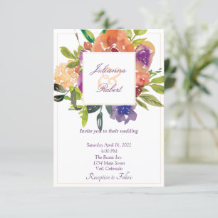 Convites Casamento floral de aquarela laranja e roxa
