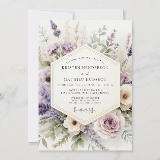 Convites Casamento Floral de Aquarela Lilás (Frente)