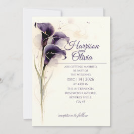 Convites Casamento Floral de Aquarela Lírio Calla Roxo Fund