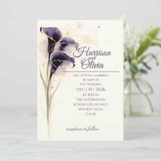 Convites Casamento Floral de Aquarela Lírio Calla Roxo Fund
