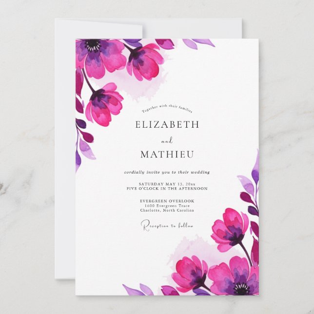 Convites Casamento Floral de Aquarela Magenta (Frente)