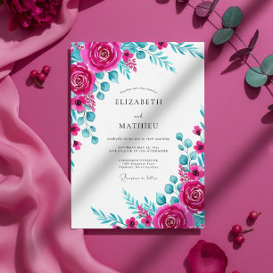 Convites Casamento Floral de Aquarela Magenta e Turquesa