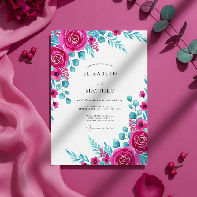 Convites Casamento Floral de Aquarela Magenta e Turquesa (Criador carregado)