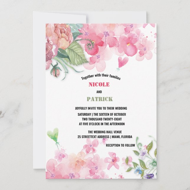 Convites Casamento Floral de Aquarela Rosa-Brilhante Elegan (Frente)