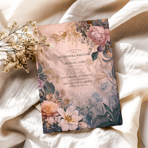 Convites Casamento Floral de Aquarela Rosa-Brilhante Elegan