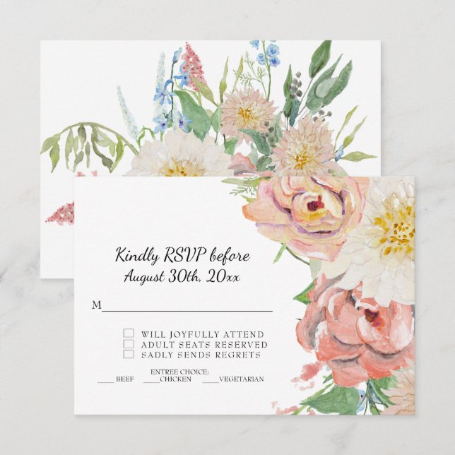 Convites Casamento Floral de Aquarela Rosa e Branco RSVP (Frente/Verso)