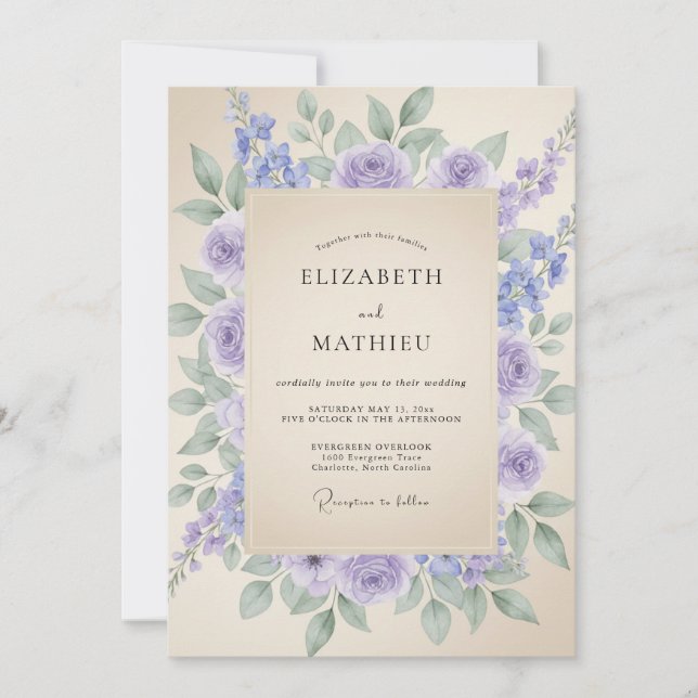 Convites Casamento Floral de Aquarela Suave Lilás (Frente)