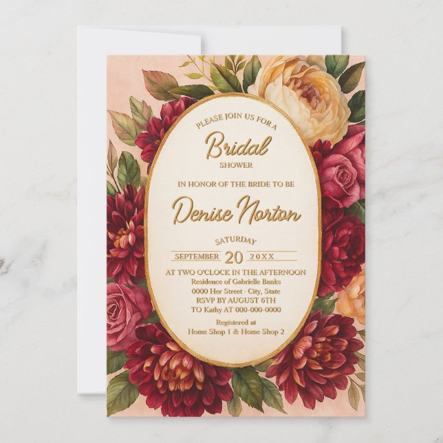 Convites Casamento Floral de Aquarelas Blush Burgundy (Frente)