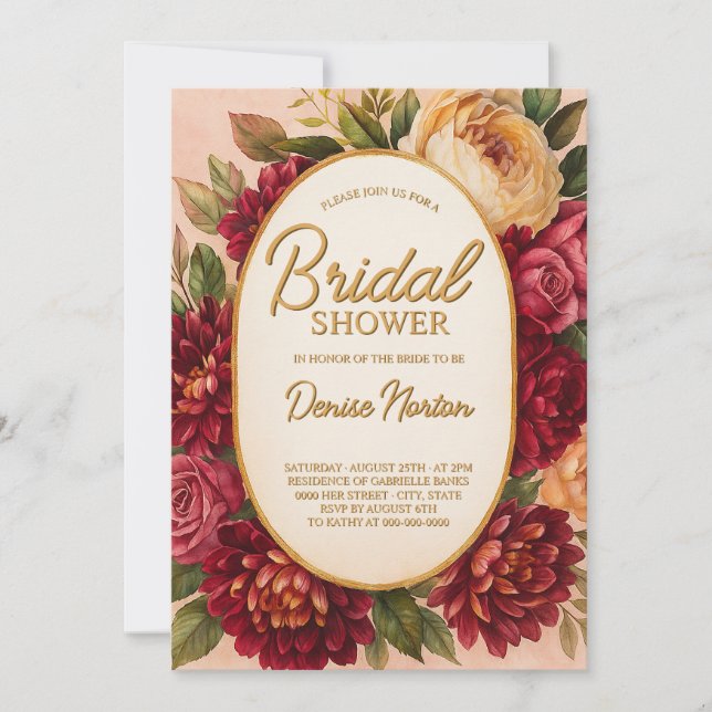 Convites Casamento Floral de Aquarelas Blush Burgundy (Frente)