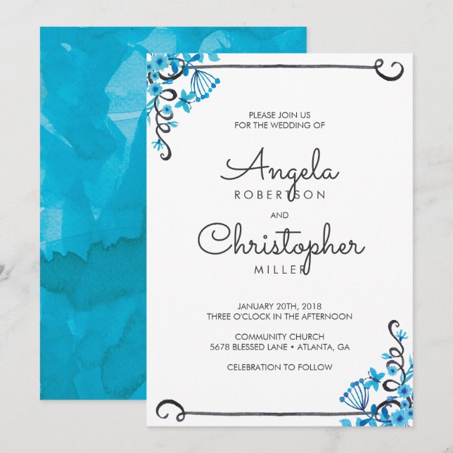 Convites Casamento Floral de Aquarelas de Arte Folk Azul (Frente/Verso)