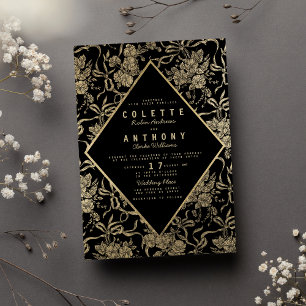 Convites Casamento floral de arco de ouro negro estilo Vint