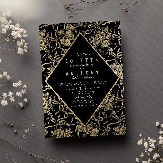 Convites Casamento floral de arco de ouro negro estilo Vint (Vintage style black gold bow floral wedding )