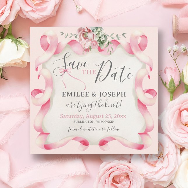 Convites Casamento Floral de Arco Rosa Coquette Salve a Dat (Modern Trendy Coquette feminine pink bow ribbon floral vintage wedding save the date, Tying the Knot)