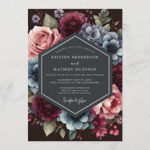 Convites Casamento Floral de Ardósia Borgonha