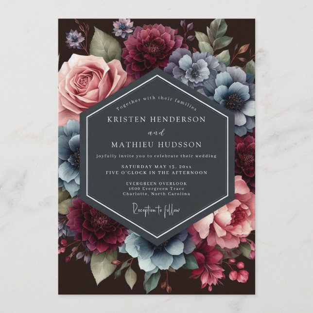 Convites Casamento Floral de Ardósia Borgonha (Frente)