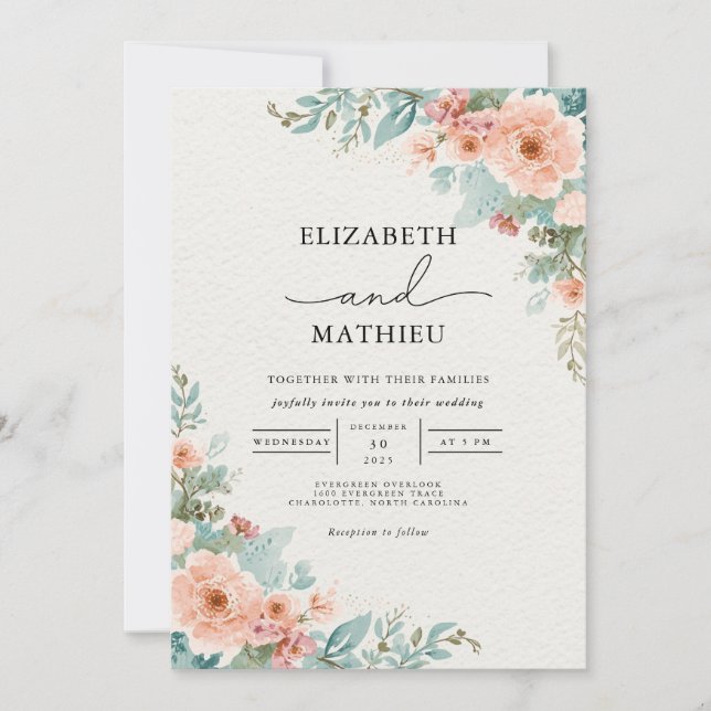 Convites Casamento Floral de Arqueiro Soft Coral (Frente)