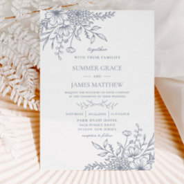 Convites Casamento Floral de Arte da Linha Azul Elegante