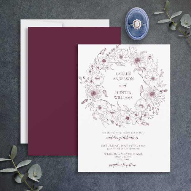Convites Casamento Floral de Arte da Linha Moderna Burgundy (Criador carregado)