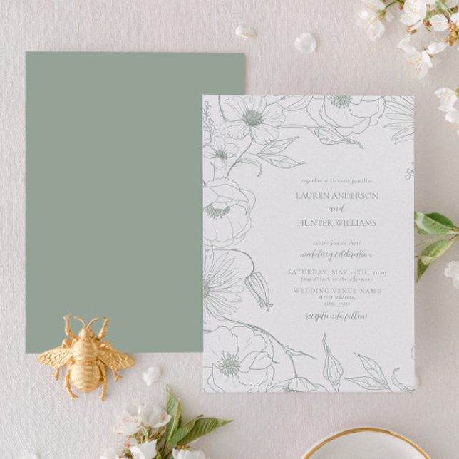 Convites Casamento Floral de Arte da Linha Verde Moderna (Criador carregado)