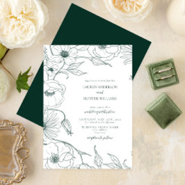 Convites Casamento Floral de Arte de Linha Verde Moderna