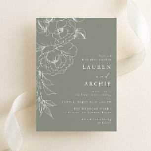 Convites Casamento Floral de Arte Linear em Verde Sage Bran