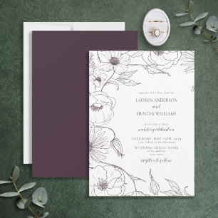 Convites Casamento Floral de Arte Roxo de Plum Moderno