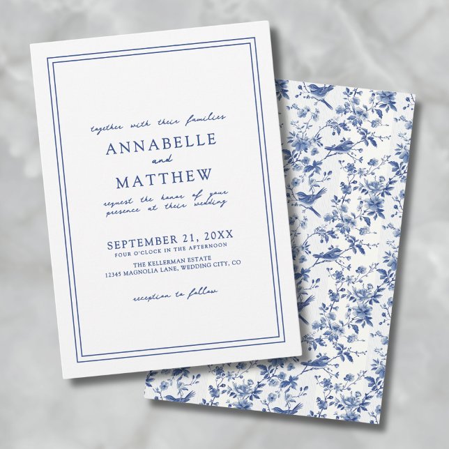 Convites Casamento Floral de Aves Chinoserie Azul Elegante (Elegant Blue Chinoserie Bird Floral Wedding Invitation)