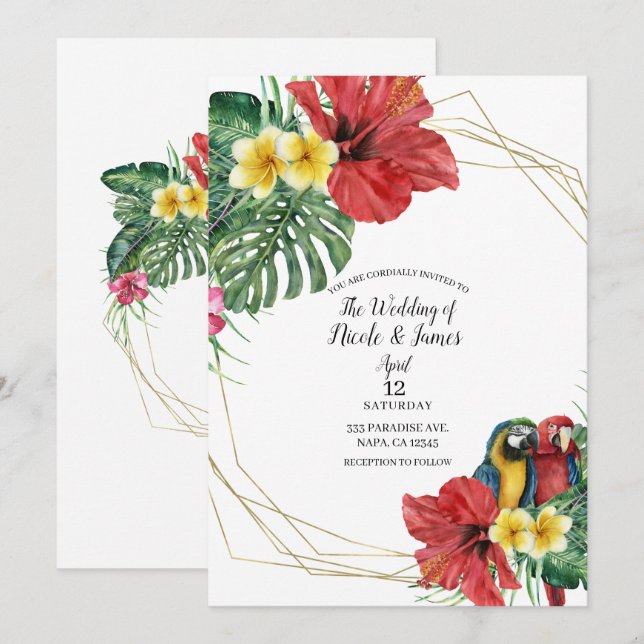 Convites Casamento Floral de Aves do Paraíso Tropical (Frente/Verso)