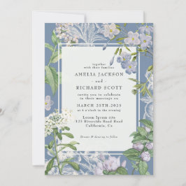 Convites Casamento floral de Azul e Branco Moderno Dusty