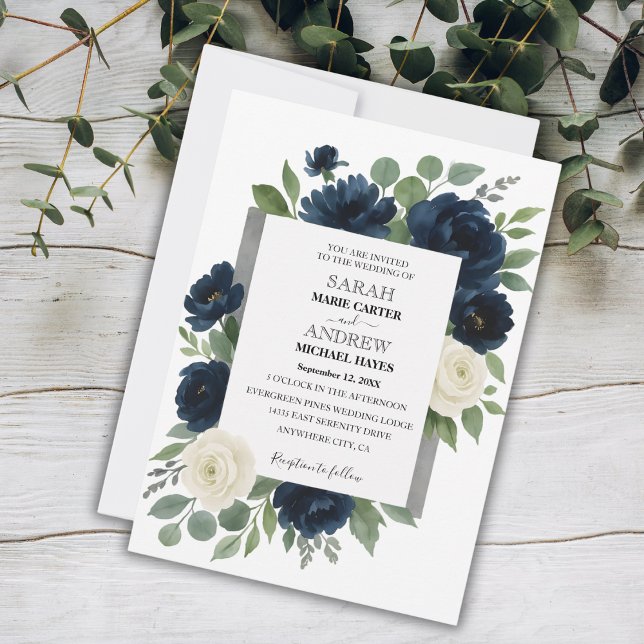 Convites Casamento Floral de Azul e Marfim, Marinho Elegant (Elegant Navy Blue & Ivory Floral Wedding Invitation)