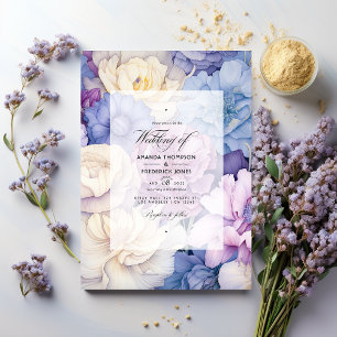 Convites Casamento Floral de Azul Pálido, Creme e Lavanda