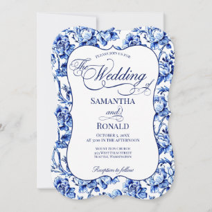 Convites Casamento Floral de Banho Azul e Branco com Caligr